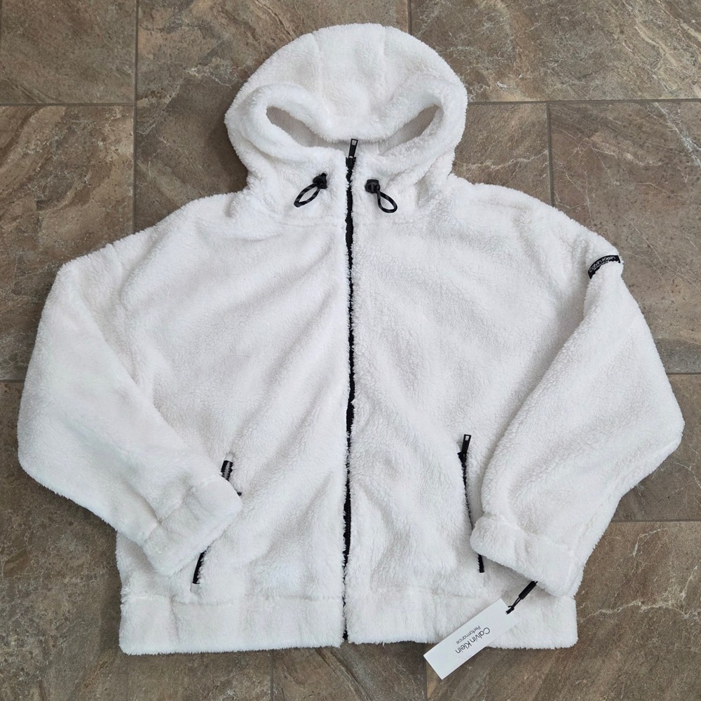 Calvin Klein‎ Performance Fuzzy Fleece Hooded Jacket Full Zip White XL Women's